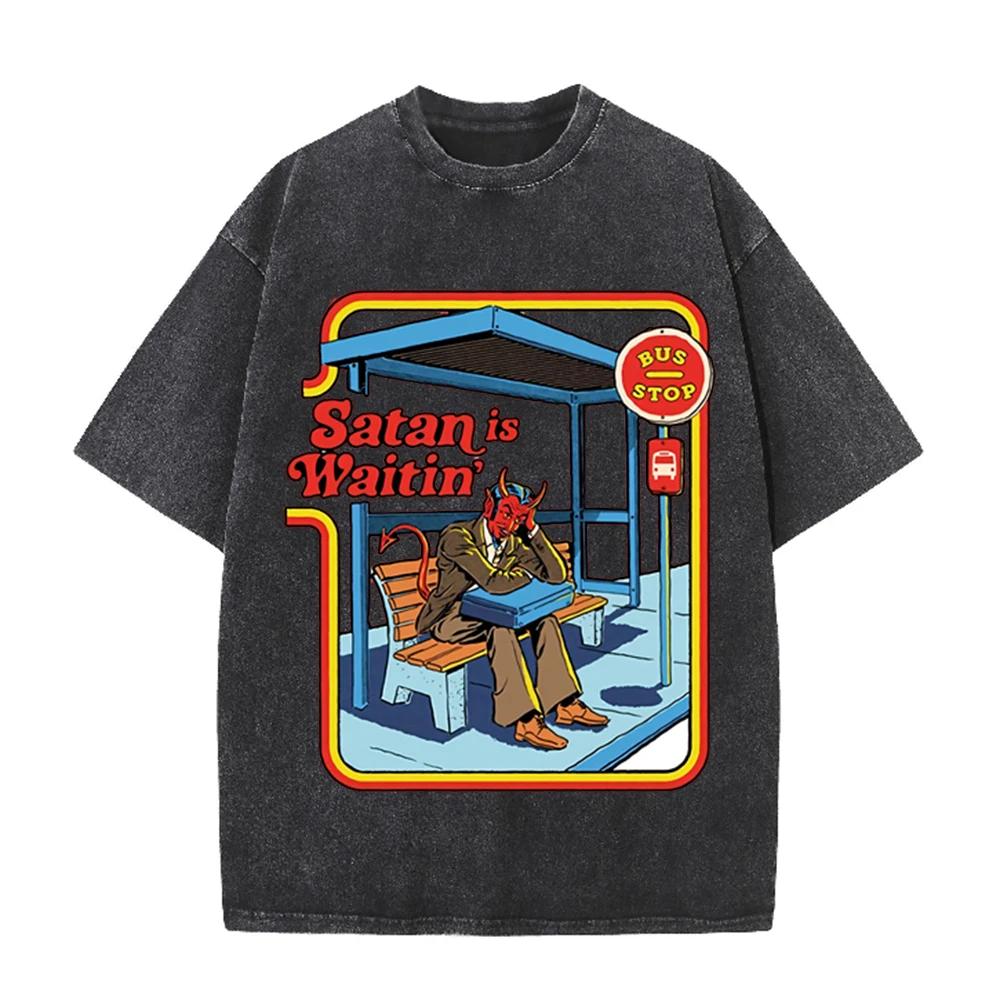 2026 Vintage Satan Is Waitin Bus Stop Graphic Washed T Shirt Men Women Retro Cartoon Oversized Short Sleeve Casual Streetwear Fa