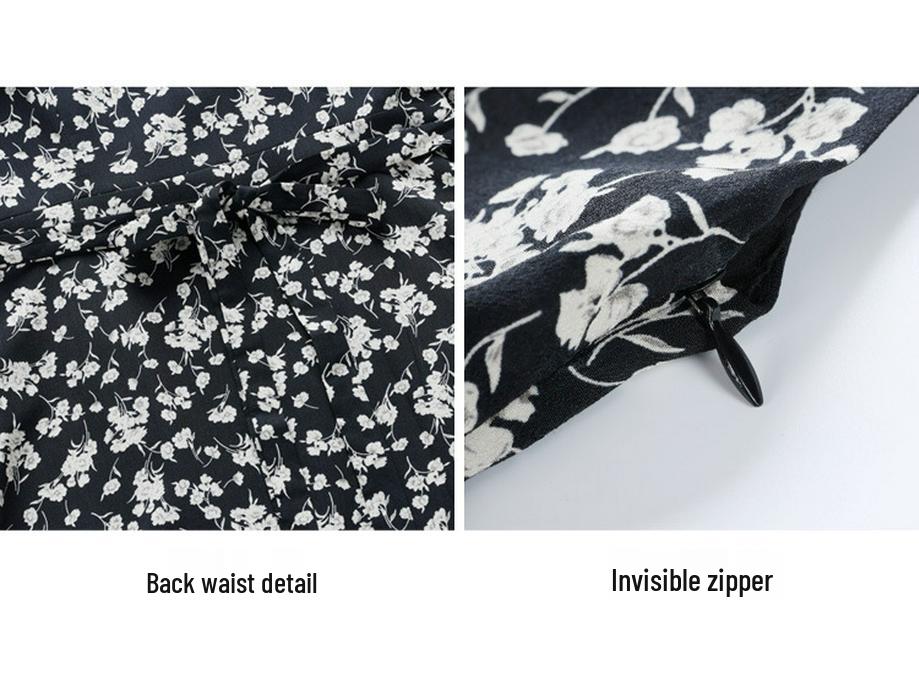 French Black Floral Puff Sleeve Camisole Dress for Women - Summer Seaside Vacation Style