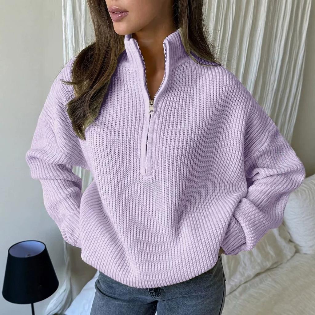 Women's Oversized Knit Pullover Sweater with Zipper, Versatile Casual Top for Fall and Winter