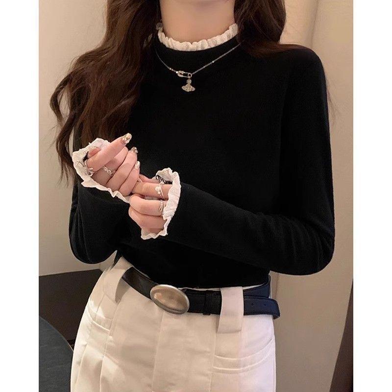 Women's Long Sleeve Fleece Lace Patchwork Slimming Base Layer Top for 2026 Autumn/Winter