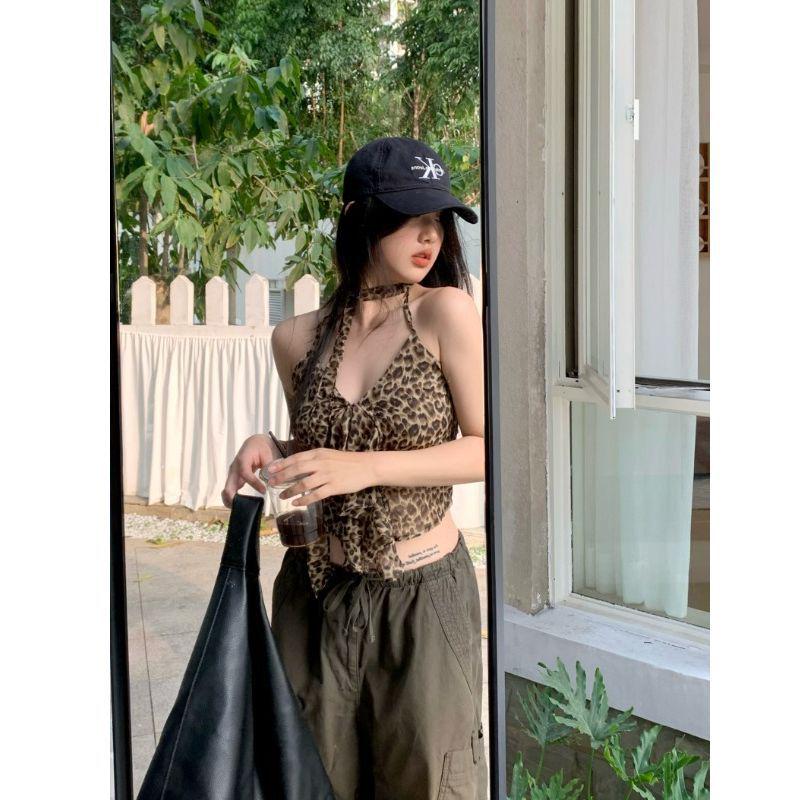 

Женская сексуальная майка с леопардовым принтом на бретелях через шею - Облегающий весенний топ S