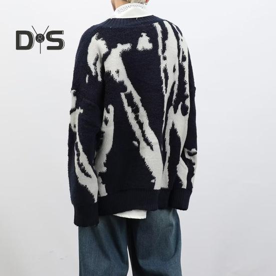 Men Cardigan Sweater Retro American Style V Neck Loose Single-breasted Contrast Color Knitted Sweater Coat Hip Hop Style Streetwear Jacket