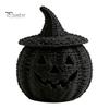 Black Braided Halloween Prop Handwoven Pumpkin Basket with Witch Hat Lid, Rustic Wicker Trick Fall Housewarming Gifts or Treat Bucket for Indoor