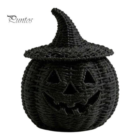 Black Braided Halloween Prop Handwoven Pumpkin Basket with Witch Hat Lid, Rustic Wicker Trick Fall Housewarming Gifts or Treat Bucket for Indoor