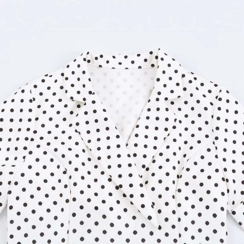 Womens 2026 Elegant V-neck Polka Dot Pleated Midi Dress
