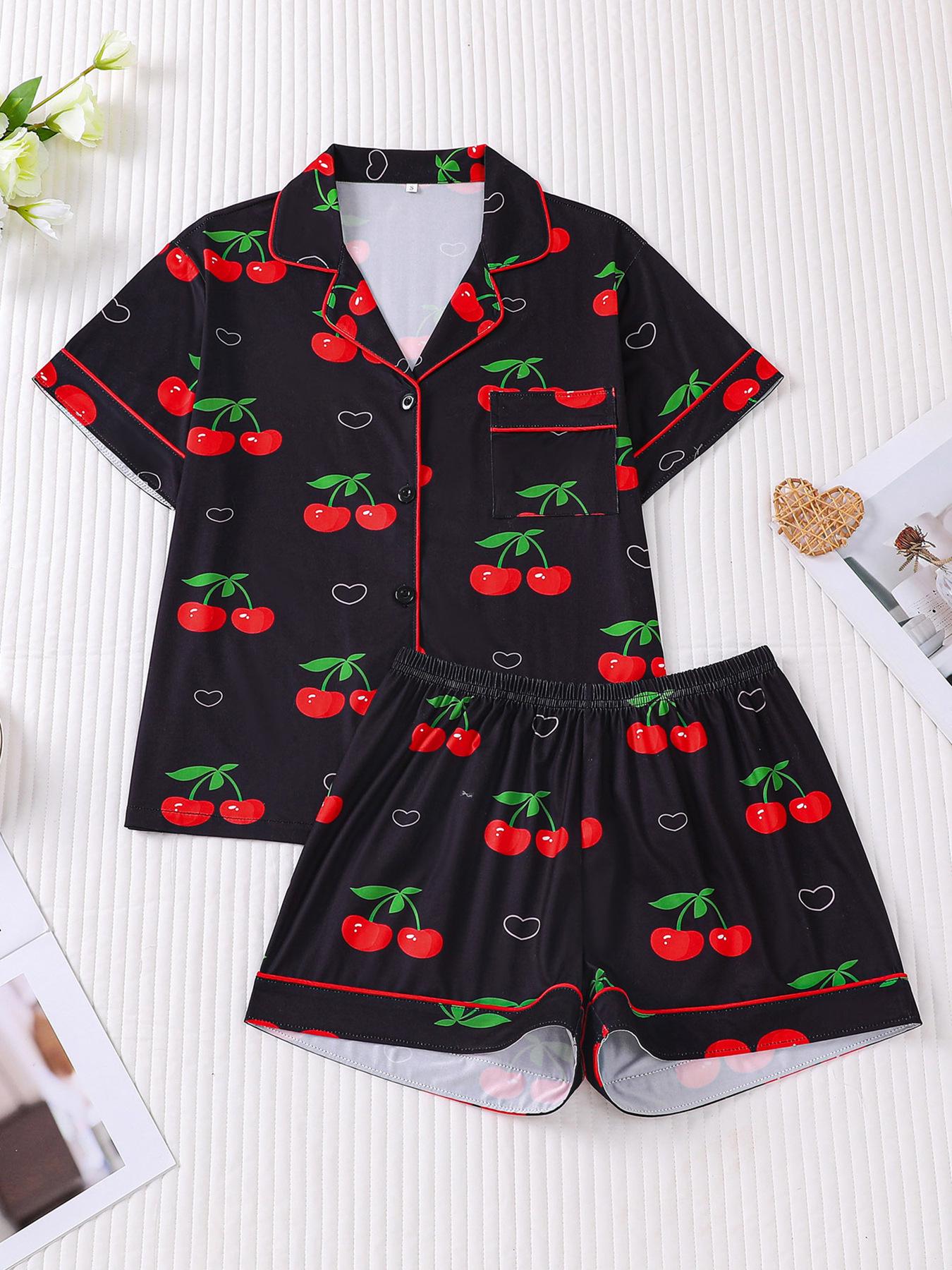 

Women s Fruit Print Short Sleeve Cardigan Pajama Set - Summer Home and Vacation Wear XL