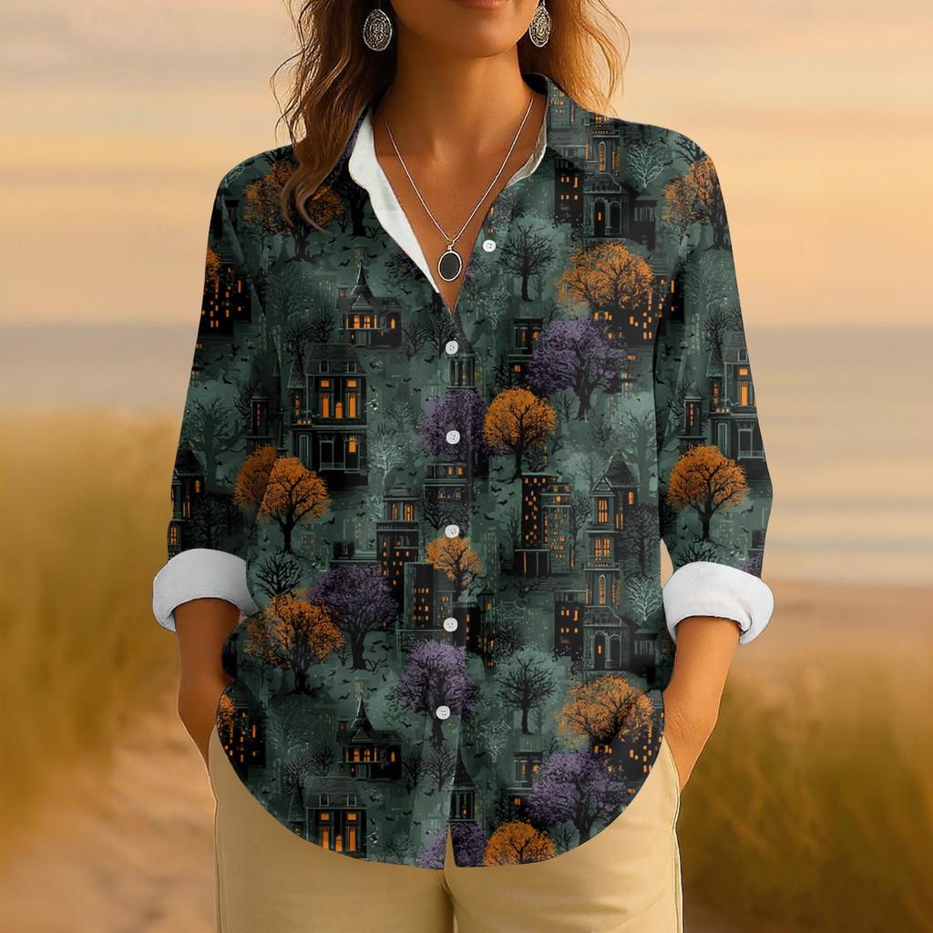 Dame Retro Halloween Trykket Knappelukking Langermet Casual Vanlig Skjortekrage Topp