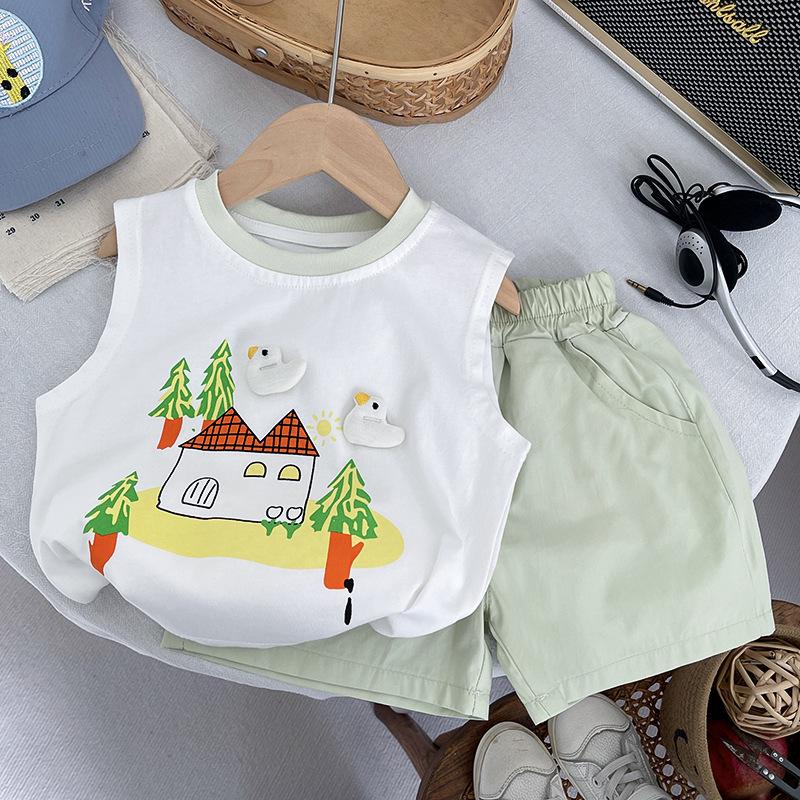 Korean Style Baby Vest & Shorts Set - Summer 2026 New Arrival, Super Cute Cartoon Design for Boys & Girls