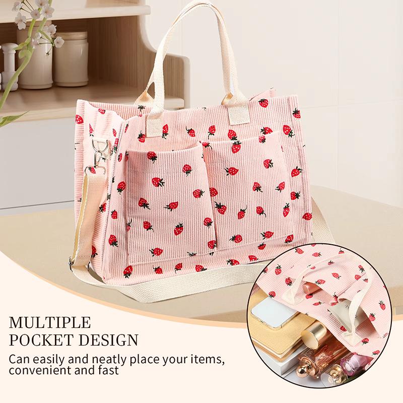 Corduroy Strawberry Print Tote Bag Women Large Capacity Shoulder Bag With Multiple Pocket Adjustable Strap Commut Casual Handbag