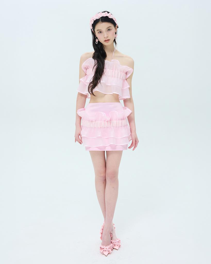 Leobyui Organza Ripple Layered Skirt Pink