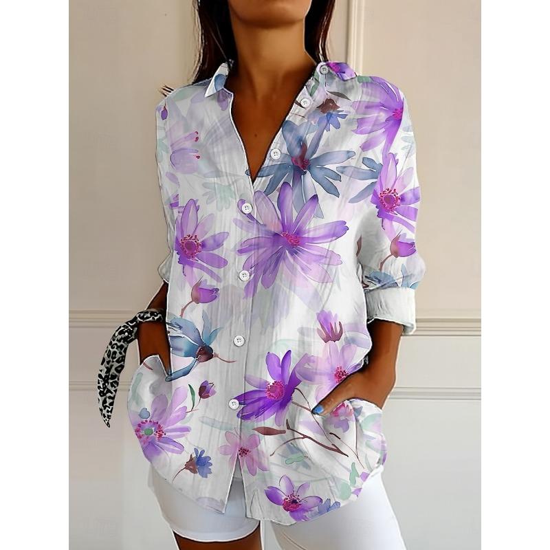 Women's Shirt Floral Graphic Elegant Vintage Tropical Long Sleeve Shirt Collar Regular Tops Daily Buttons Print Summer Spring