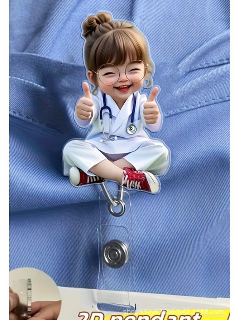 1pc Nurse Themed Retractable Badge Reel Acrylic ID Holder Clip for Hospital Office School Workers