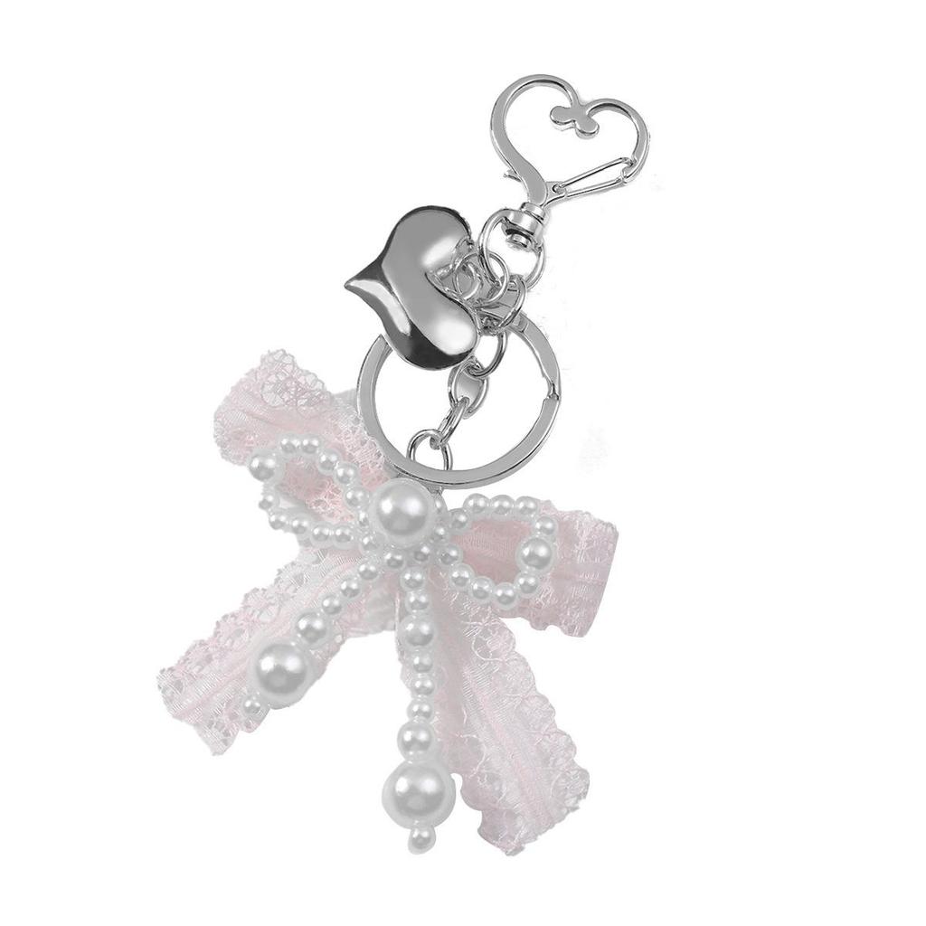 Charming DIY Pearl Lace Bow Heart Pompon Rabbit Keychain Bag Charm