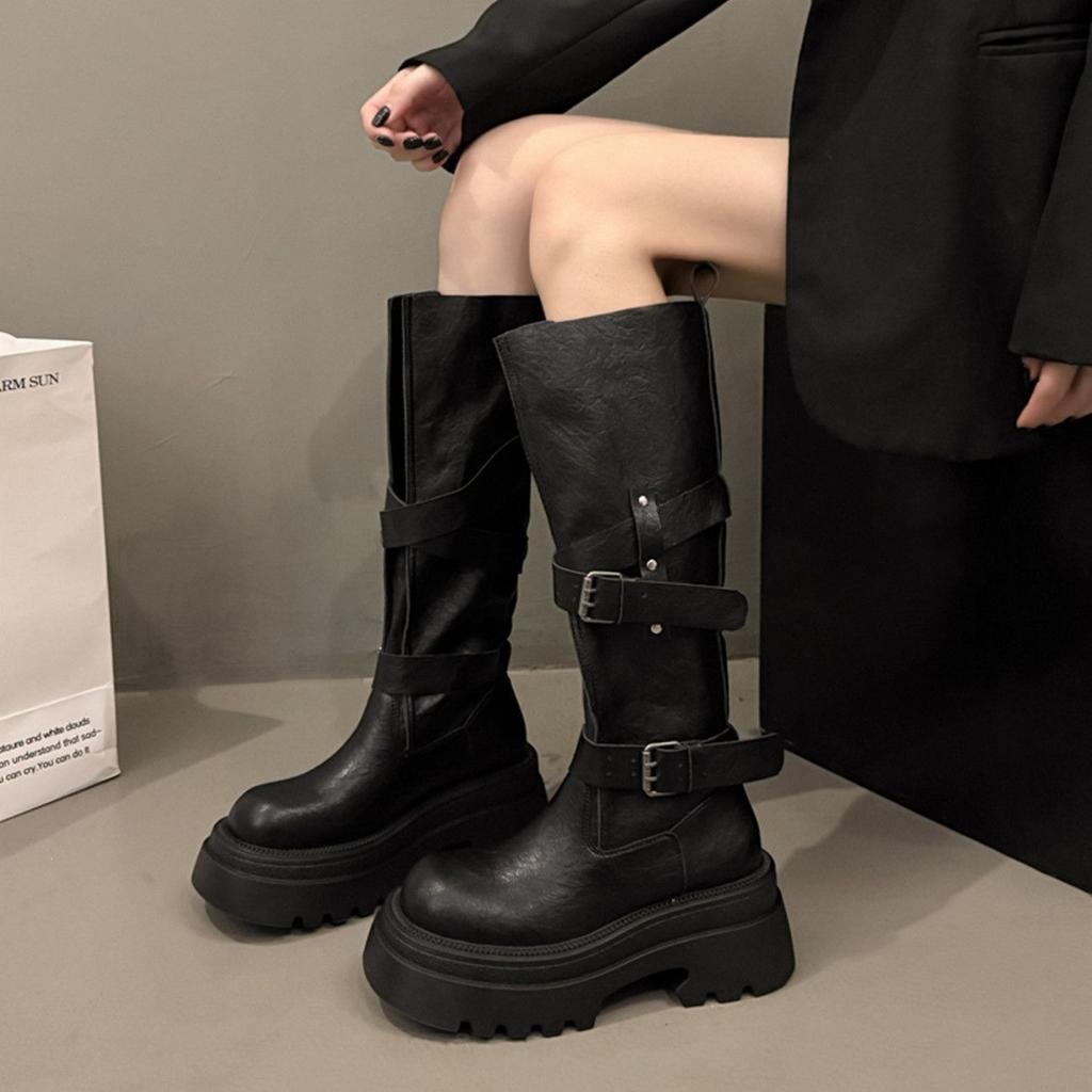 Comfortable and versatile thick-soled boots, belt buckle design sense, fashion sense, dopamine boots, thick legs, fat mm winter and autumn