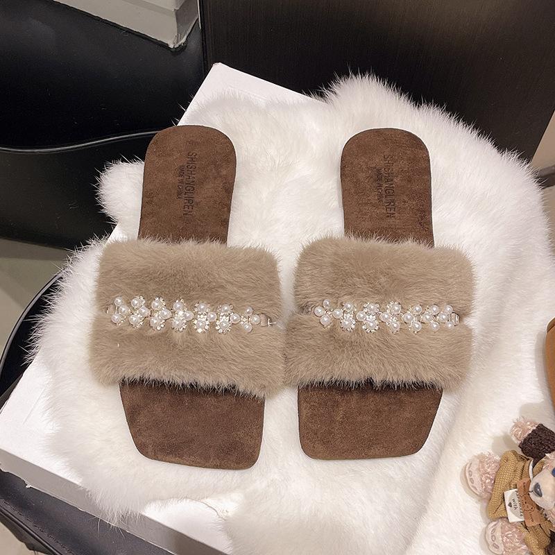 Flat-bottomed French versatile fluffy shoes women's shoes wear 2025 new autumn and winter soft-soled plush cotton slippers