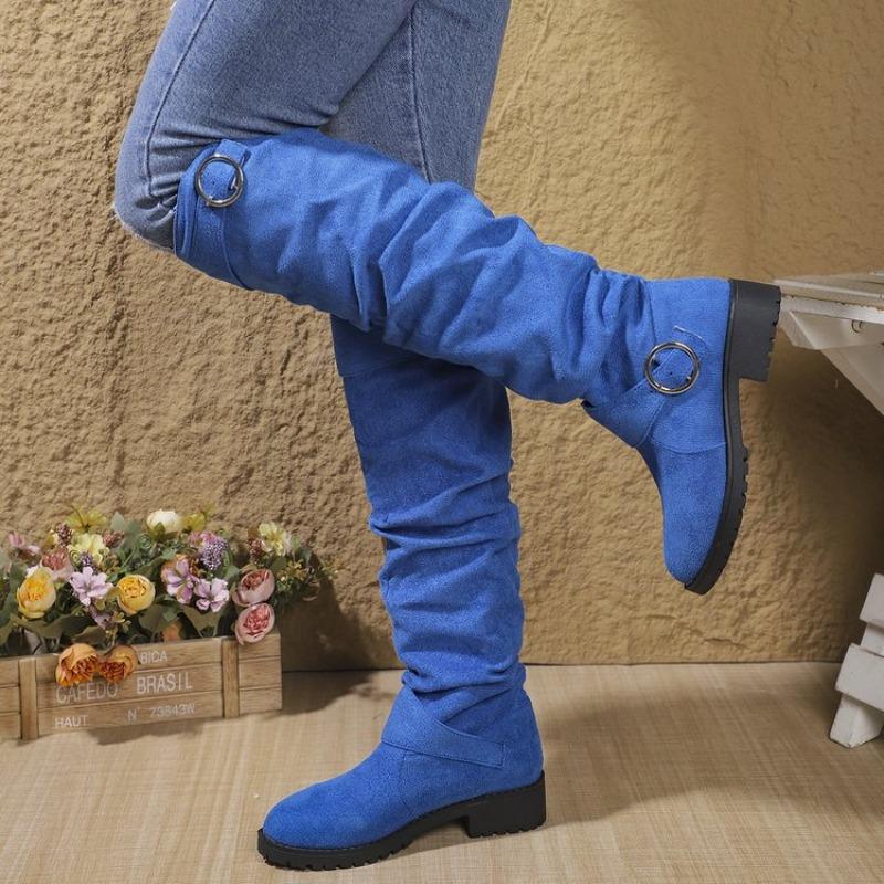 Women's Large Size Belt Buckle Slouch Boots Chunky Heel Knee-High Fashion Boots.