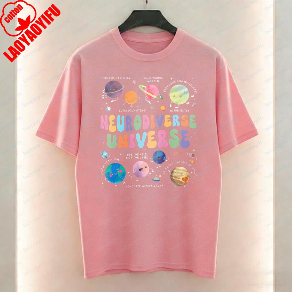 Autism Acceptance Women TShirt Neurodiverse Universe Print Tops Trendy Casual Cotton Tee Casual Style Kawaii Clothes Ropa Mujer