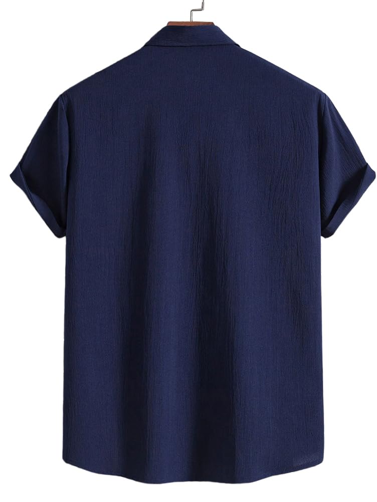 [Minesam] Men's Cotton Linen Shirt, Short Sleeve, Cool, Summer Wear, Relaxed Fit, Plus Sizes (Navy, L)