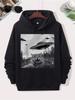 Men'S Black Hoodie - Funny Cat UFO Alien Print Oversized Street Style with Kangaroo Pocket Outdoor Sports & Daily Wear Black Frida