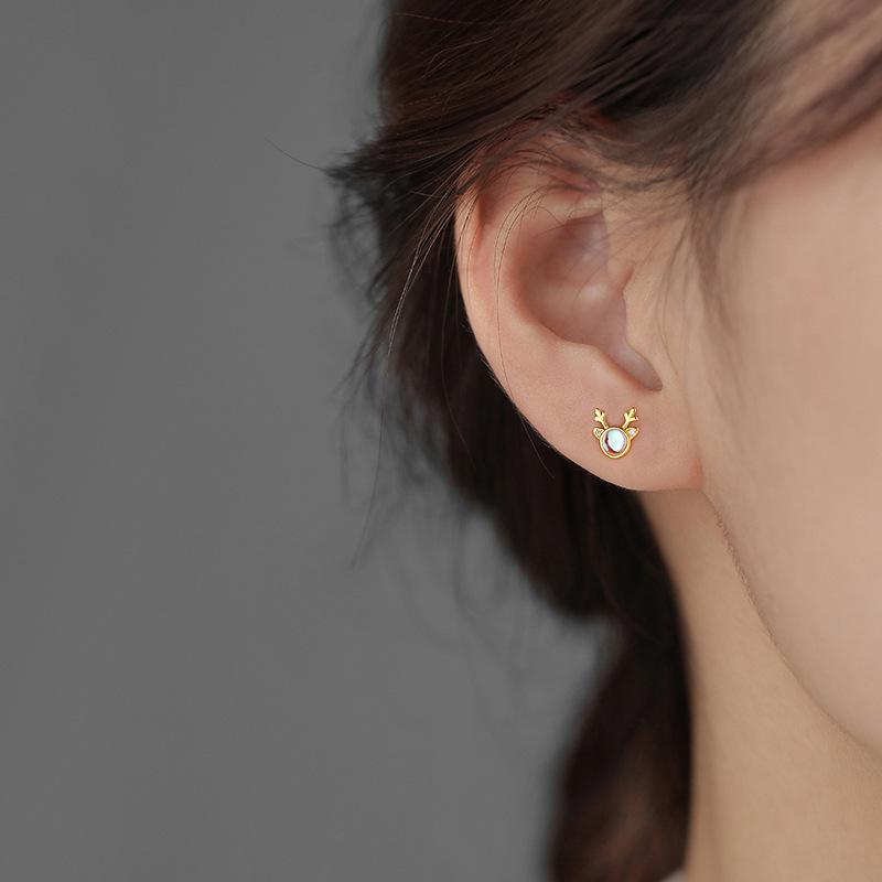 Higu E1015 S925 Silver Moonstone Antler Stud Earrings - New Christmas Trend, Mori Style