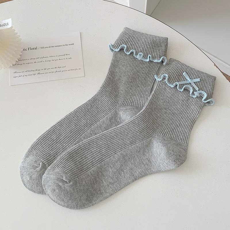 

2025 Новые женские повседневные носки в японском и корейском стиле, летние хлопковые тонкие милые носки с бантом и фестончатым краем, с круглым вырезом серый