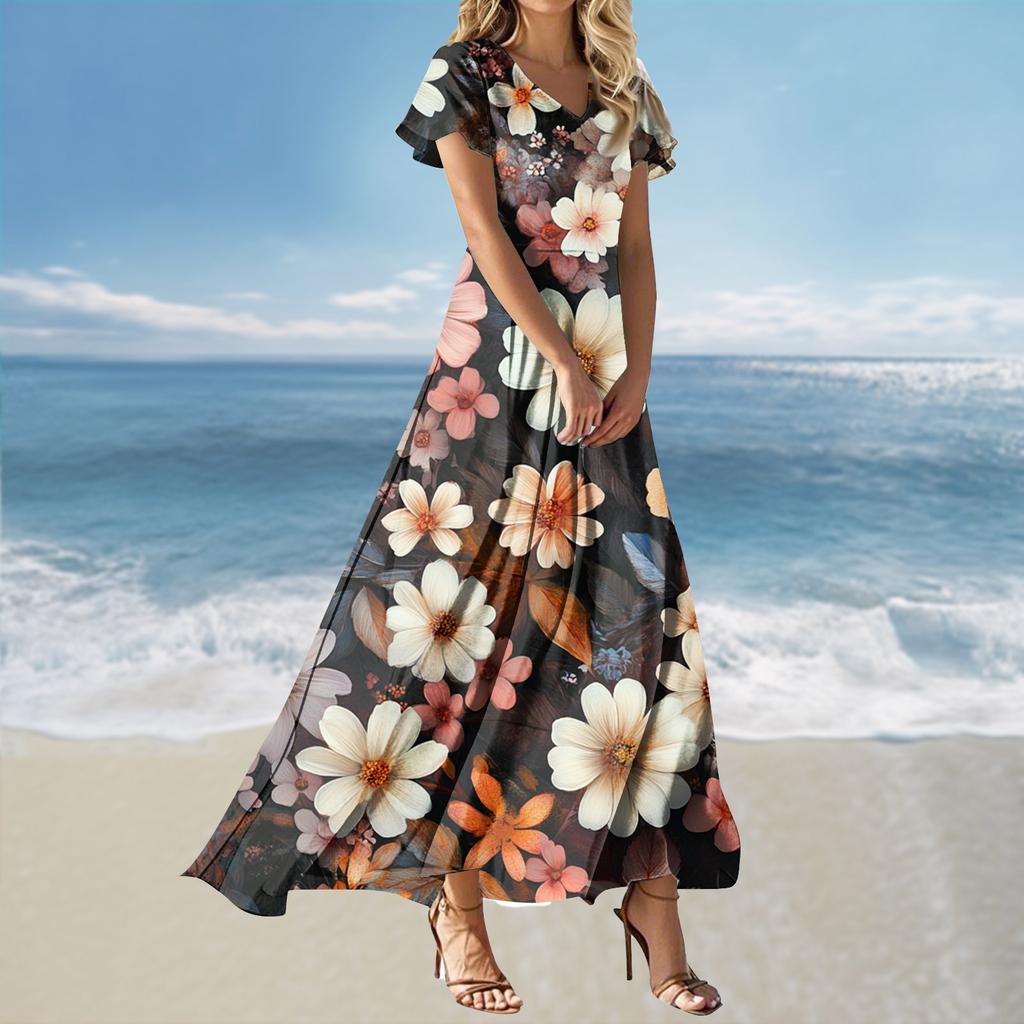 Women's Summer Casual V Neck Short Sleeve Maxi Dress with Floral Print Lightweight Relaxed Fit Flowy Design for Daily Wear