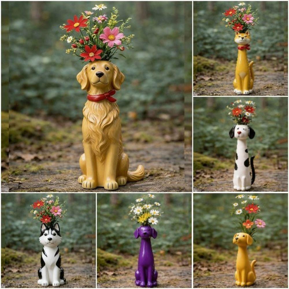 Quirky Design Handcrafted Dog Vase Resin Whimsical Dog Planter Cute Animal Unique Puppy Statue Desktop Decoration