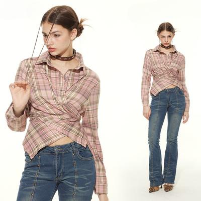 Spring Women's New American Style Plaid POLO Collar Long Sleeve Loose All-match Shirt