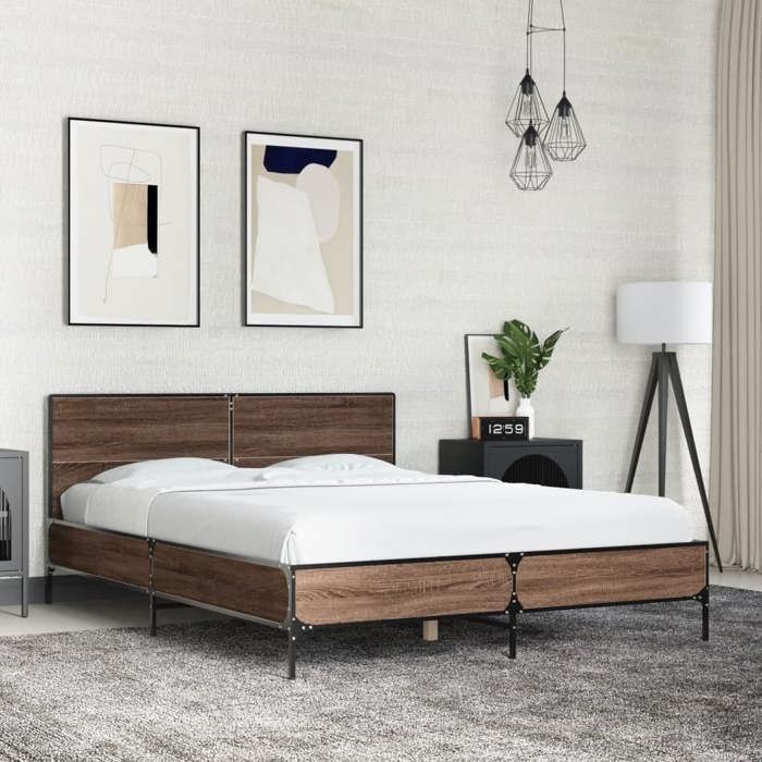 VidaXL Bed Frames Brown Oak 120x200 Cm Engineered Wood and Metal, Bed, Bedroom Furniture, Slatted Base, Bed 3279996