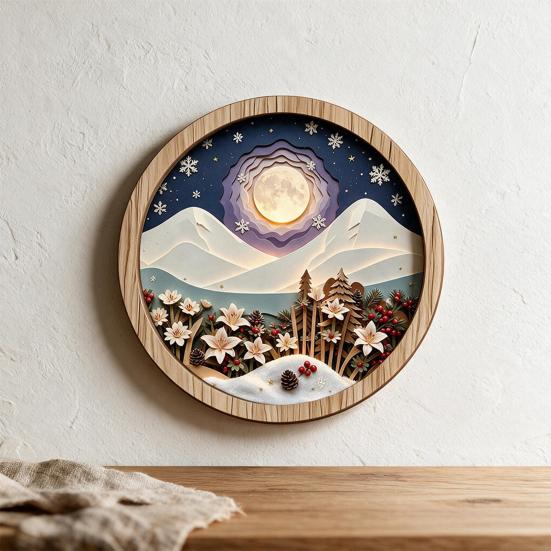 Multi Layered Wood Wall Sculpture Round Wooden Winter Mountain Art with 3D Snow Scenery for Holiday Handcrafted View Decor Home Decor, Rustic