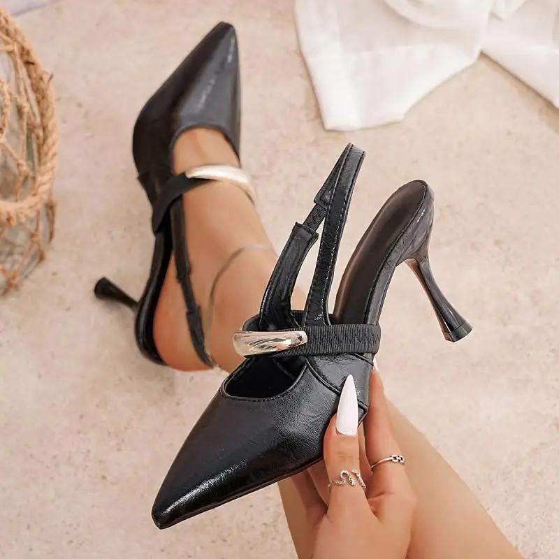 Fashion Sexy Pointed Toe Sling Back Pumps Women Patent Leather Thin Super High Heels Shoes Woman Classic Metal Decoration Office Shoes