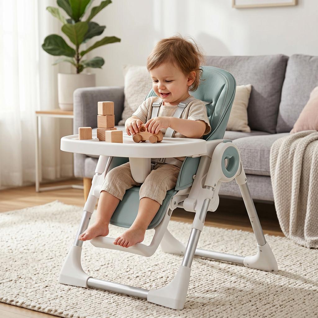 Folding High Chair, 6-36 Months, Adjustable Height, Double Washable Tray, Wheels, Green