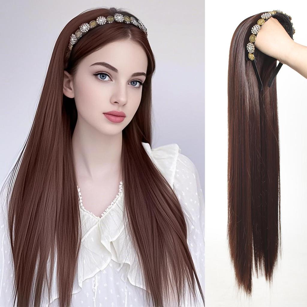 Black Brown Synthetic Long Straight Headband Half Wig Clip In Hair Extension Fluffy Natural False Hairpiece With HairBand