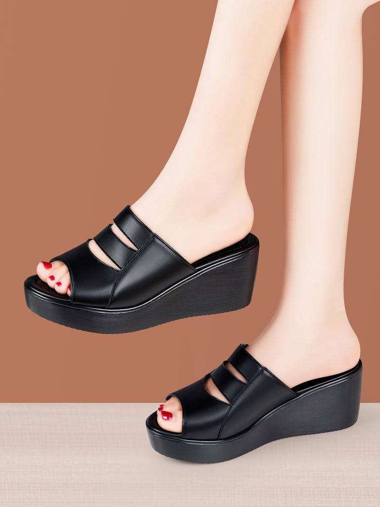 6cm All Match Comfortable Thick Bottom Flat Platform Shoes Soft Leather Slippers 2025 Med Heels Wedges Slides for Office Mom