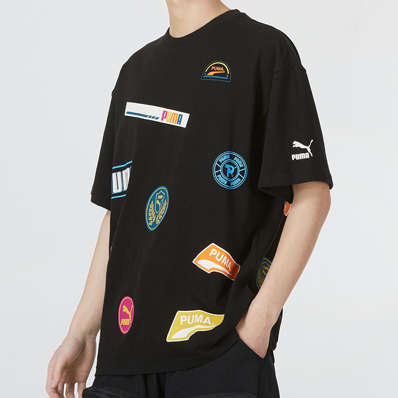 Puma Mix Badge Logo Geometric Pattern Round Neck Short Sleeve T-Shirt Men Tops Black 537795-01