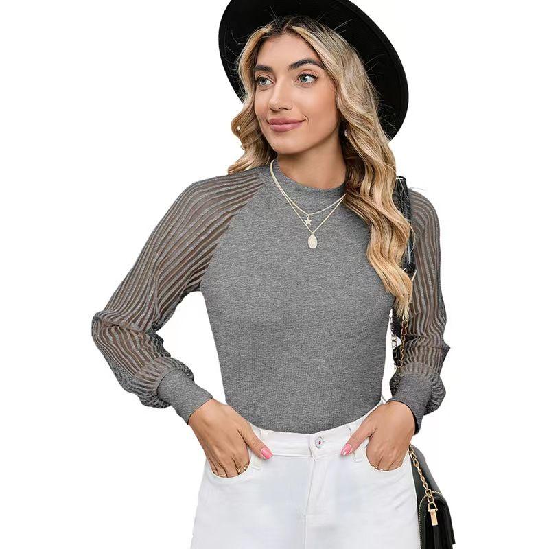 Fashion Mesh Sleeves Top Pullover Crew Neck Knitwear Mesh Long Sleeve round Neck Neck Top