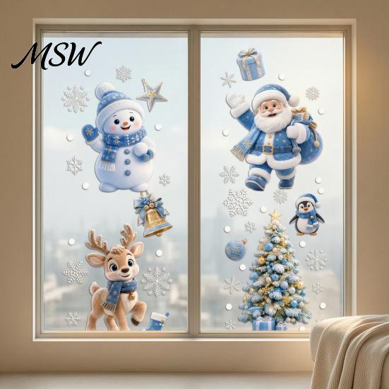 Christmas Window Clings 4Pcs Static Clings, Blue Santa Snowman Reindeer Penguin Winter Wonderland Wall Decals Stickers, Reusable Double Sided