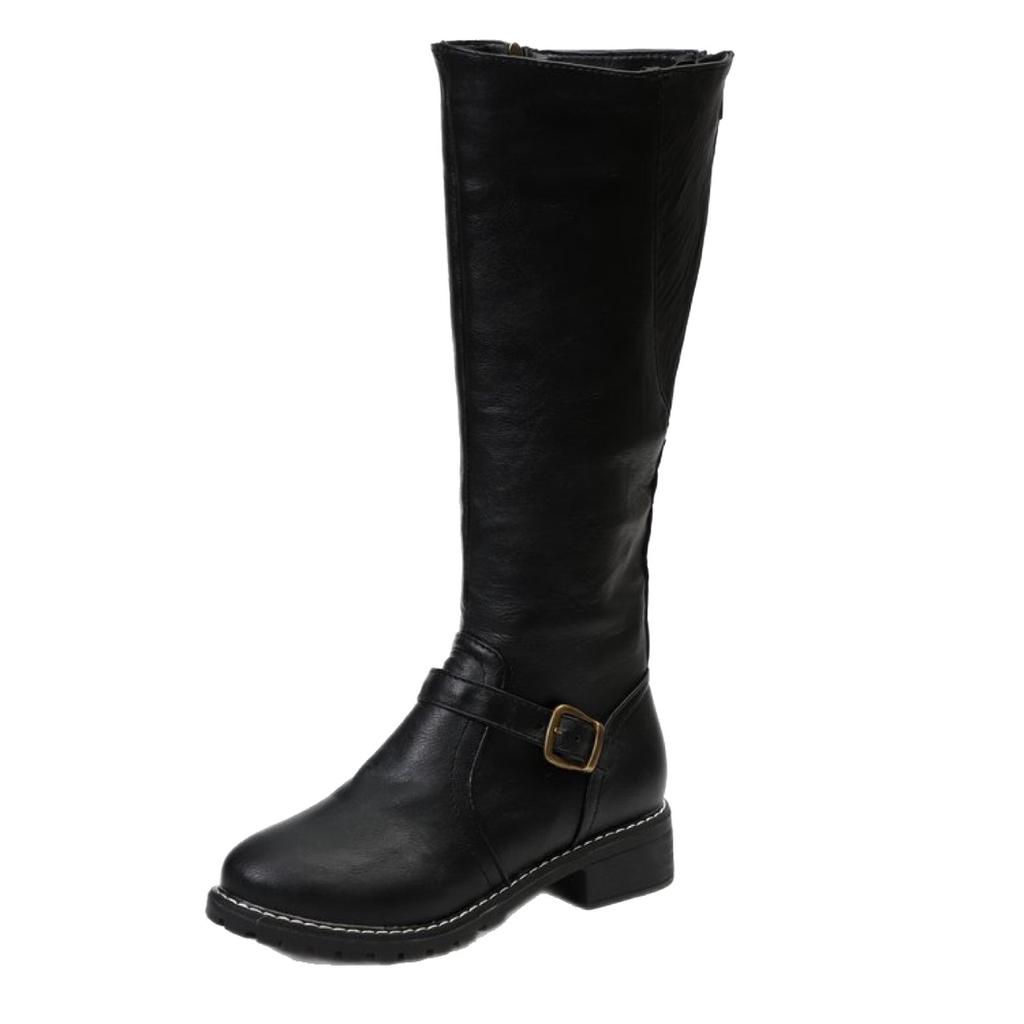 Large size hot-selling autumn and winter new boots European and American belt buckle side zipper square heel flat-bottomed tall knight boots