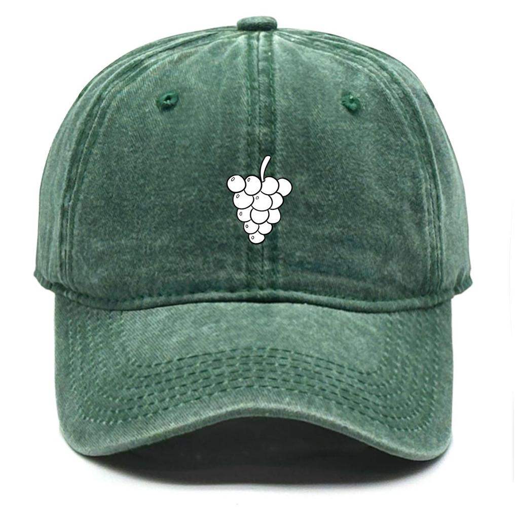 White Grape Print Adjustable Baseball Hat, Fruit Mesh Hat Lightweight Curved Brim Washed Solid Snapback Baseball Cap