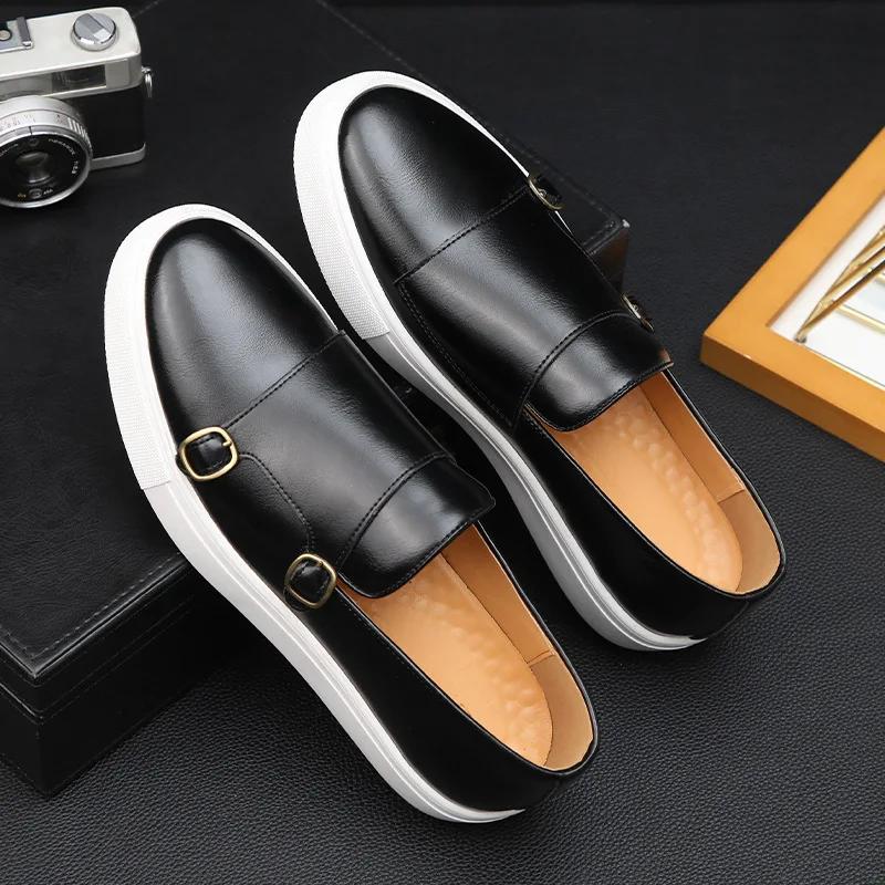 Fashion STYK Men's Casual Leather Shoes Men Fashion British Style Loafers Mens Slip-on Outdoor Flats Monk Shoes