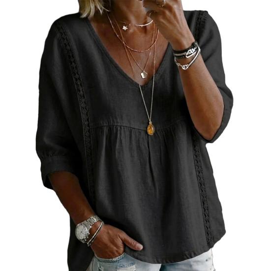

Women Tops V Neck 46085 Sleeves Pure Color Lace Splicing Design XXL чёрный