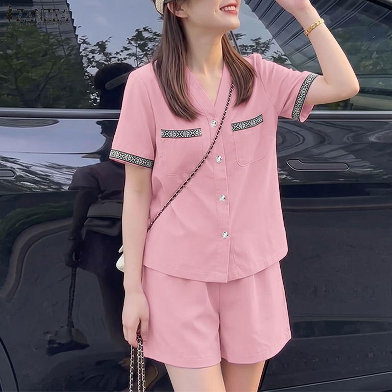 ZANZEA Women Short Sleeve Blouse and Shorts Summer Two Piece Suit Sets