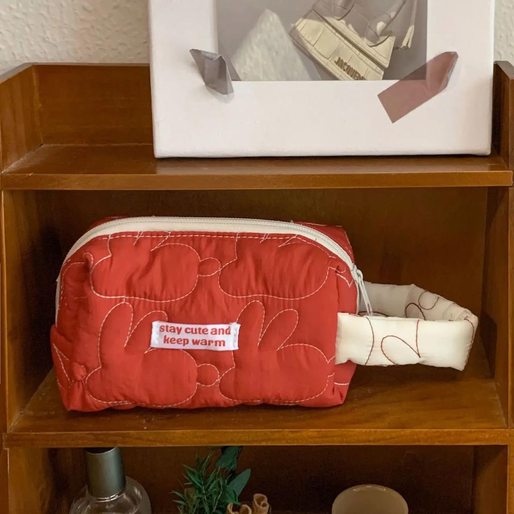 Ins Large Capacity Zipper Makeup Bags Rabbit Quilted Cotton Cosmetic Cases Cute Travel Storage Pouch Organizer for Women Handbag
