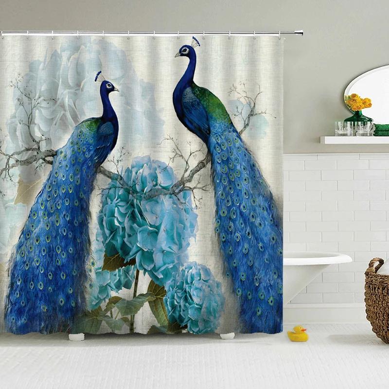 Peacocks Shower Curtains Chinese Birds Feather Bathroom Curtains Retro Flower Waterproof Polyester Bathtub Screen With Hooks