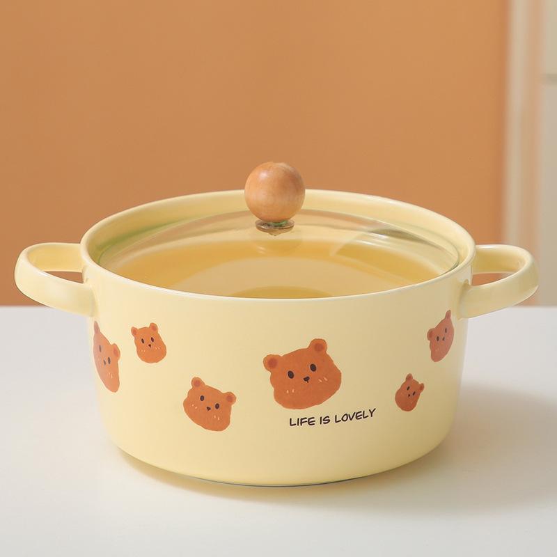 Wind Cute Bear With Cover Instant Noodle Bowl Student Dormitory Soup Bowl Household Binaural Ceramic Noodle Bowl Cute Fun