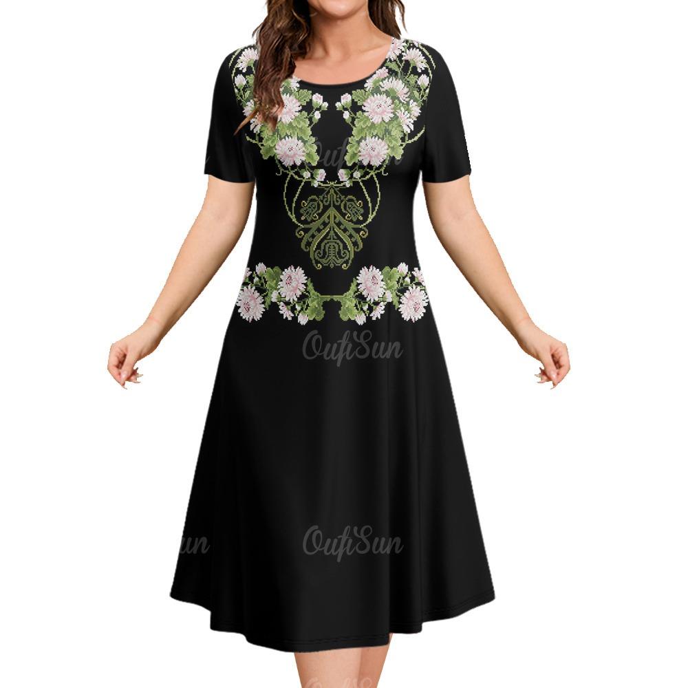 New Design Women's Dresses Ethnic Print Elegant And Beautiful Midi Dresses Plus Size Female Short Sleeve Dress Summer