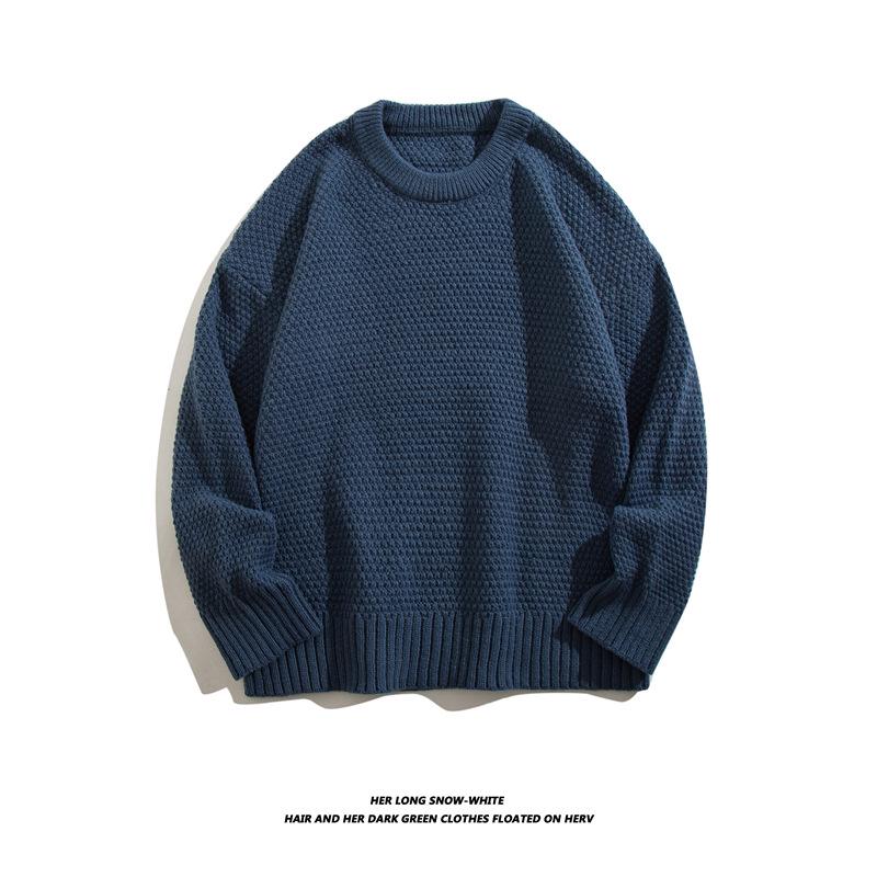 Heavyweight Cotton Yarn Pineapple Stitch Knit Casual Loose Round Neck Pullover Sweater