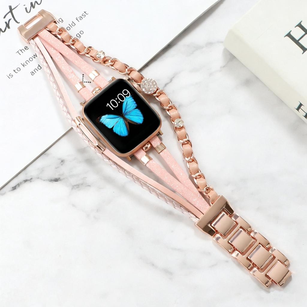 Bling Weave Armband Riemen Lederschlaufe Für Apple Watch Band Damen Serie S11 10 9 8 40mm 41mm 38mm 42mm 44mm 45mm 46mm