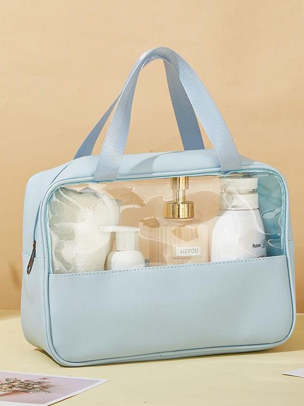 Large Capacity Waterproof PVC Patchwork Makeup Bag - Semi-Transparent Toiletry and Portable Travel Storage Bag