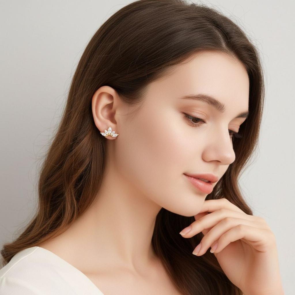Marquise Fan Cluster Stud Earrings - 925 Sterling Silver Yellow Plated